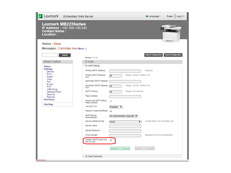 Troubleshooting SMTP server not set up ‑ 72.01 error message Lexmark